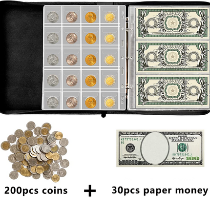 200 Pockets Coins Collecting Album & 30 Sleeves Paper Money Display Storage Case,Coin Collection Book Holder