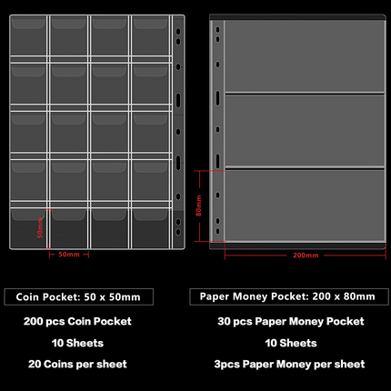 200 Pockets Coins Collecting Album & 30 Sleeves Paper Money Display Storage Case,Coin Collection Book Holder