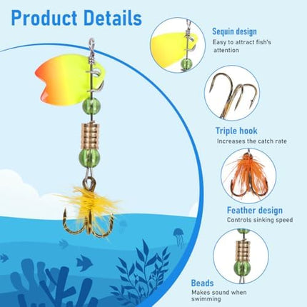 CROCH Fishing Lure Kit 16pc - Spinners Jigs Feathers and Sequin Baits in Storage Case