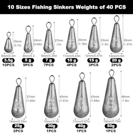 CROCH 40pc Fishing Weight Set - 10 Sizes Mixed Sinkers with Compartment Case