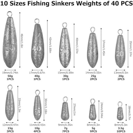 CROCH 40pc Fishing Sinker Set - Mixed Weight Olive and Bullet Sinkers with Storage Box