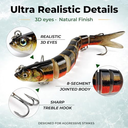Jointed Swimbait, 8-Segment Lifelike Fishing Lure, Reinforced Treble – CROCH
