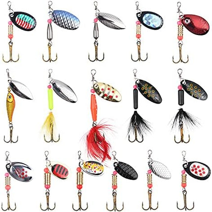 CROCH Fishing Lure Kit 16pc - Spinners Jigs Feathers and Sequin Baits in Storage Case