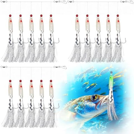 CROCH Luminous Mackerel Feathers 15pc - 3 Packs of Glow Bait Rigs for Pier and Boat