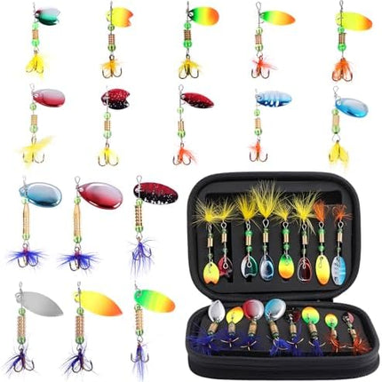 CROCH Fishing Lure Kit 16pc - Spinners Jigs Feathers and Sequin Baits in Storage Case