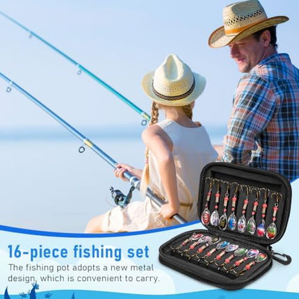 CROCH Fishing Lure Kit 16pc - Spinners Jigs Feathers and Sequin Baits in Storage Case