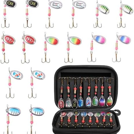 CROCH Fishing Lure Kit 16pc - Spinners Jigs Feathers and Sequin Baits in Storage Case