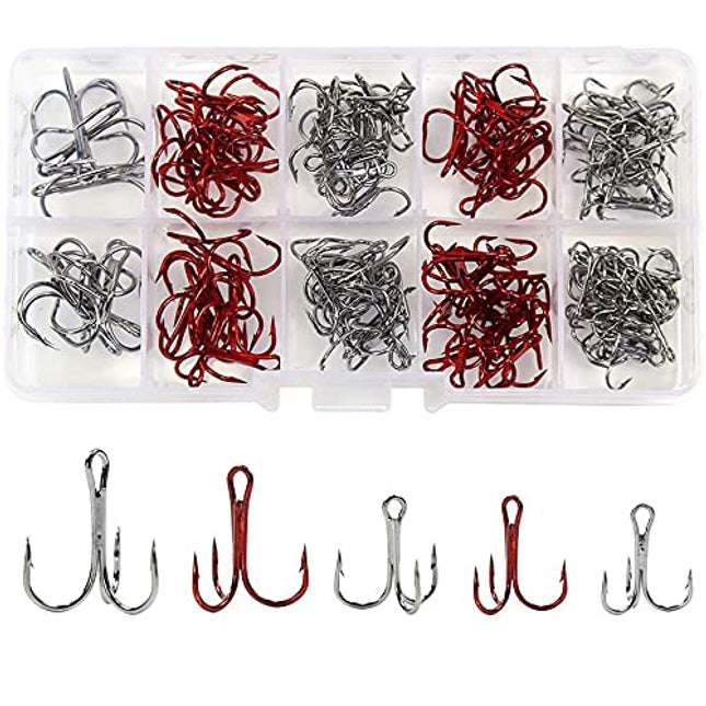 CROCH Treble Hooks Kit High Carbon Steel Round Bend Fishing Hook Set 4# 6# 8# 10# for Freshwater Saltwater (130pcs/Box)