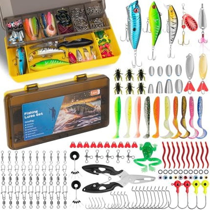 CROCH Fishing Lure Kit with Tackle Box - Crankbaits Soft Plastics Jigs Hooks and Swivels
