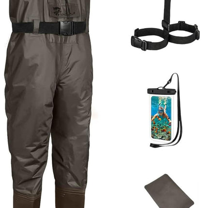 CROCH Bootfoot Chest Waders 2-Ply Nylon/PVC Lightweight Fishing & Hunting Waders with Waterproof Insulated Cleated Boots for Men and Women – Brown US 5 / EU 38