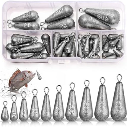 CROCH 40pc Fishing Weight Set - 10 Sizes Mixed Sinkers with Compartment Case
