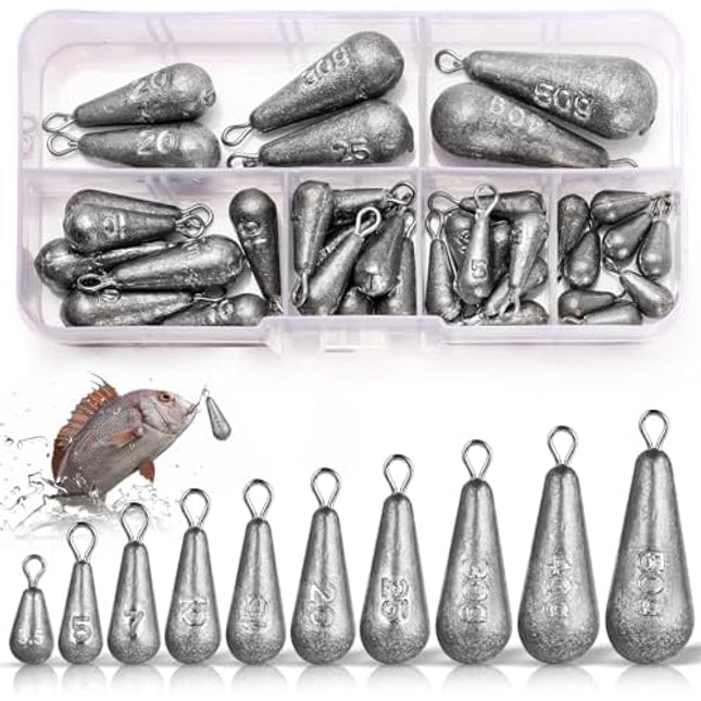 40pc Fishing Weight Set - 10 Sizes with Compartment Case
