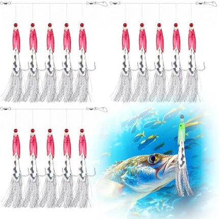 CROCH Luminous Mackerel Feathers 15pc - 3 Packs of Glow Bait Rigs for Pier and Boat