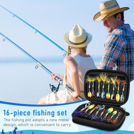 CROCH Fishing Lure Kit 16pc - Spinners Jigs Feathers and Sequin Baits in Storage Case