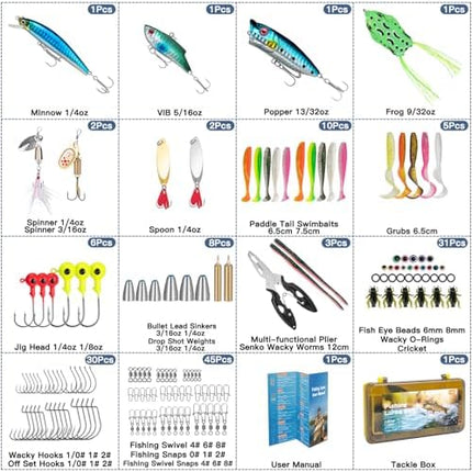 CROCH Fishing Lure Kit with Tackle Box - Crankbaits Soft Plastics Jigs Hooks and Swivels