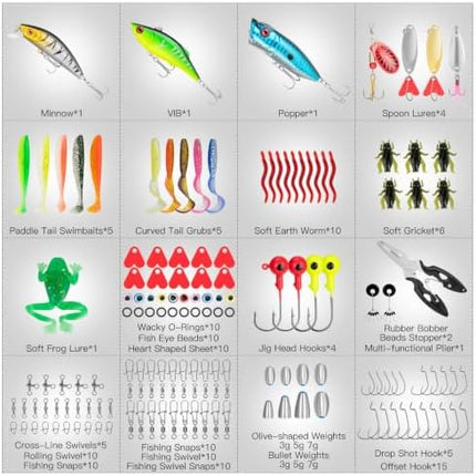 CROCH Fishing Lure Kit with Tackle Box - Crankbaits Soft Plastics Jigs Hooks and Swivels