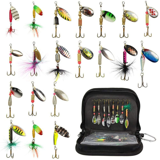 CROCH Hard Metal Spinner Bait Fishing Lure Kits for Bass, Salmon, Pike or Walleye with Portable Carry Bag (20 pcs)