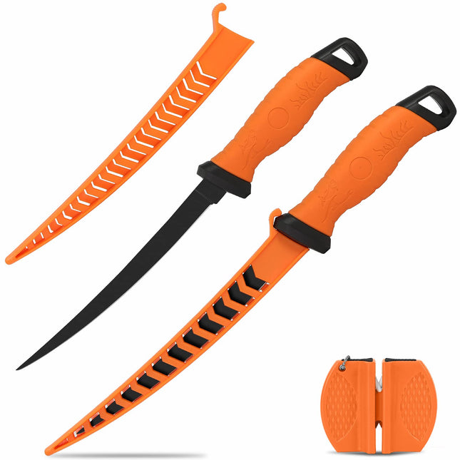 CROCH Meat and Fish Fillet Knife - Curved Steel Blades with Sheath, Sharpener, Non-Slip Handles Ideal for Filleting and deboning (Orange, 18)