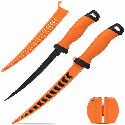 CROCH Meat and Fish Fillet Knife - Curved Steel Blades with Sheath, Sharpener, Non-Slip Handles Ideal for Filleting and deboning (Orange, 20)