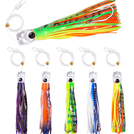CROCH Saltwater Trolling Lures Set of 5pcs 9 inch/23cm Fishing trolling Skirt Lures with Rigged Hooks for Catching Mahi, Tuna, Wahoo and Big Game Fishes