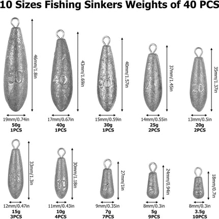 CROCH 40pc Fishing Sinker Set - Mixed Weight Olive and Bullet Sinkers with Storage Box - view 2