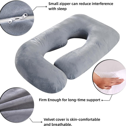Pregnancy Pillow, Maternity Full Body Pillow for Back, Legs and Belly Support, J Shaped Full Body Pillow for Pregnant Women and Side Sleepers with Removable Cover (Velvet, Grey)