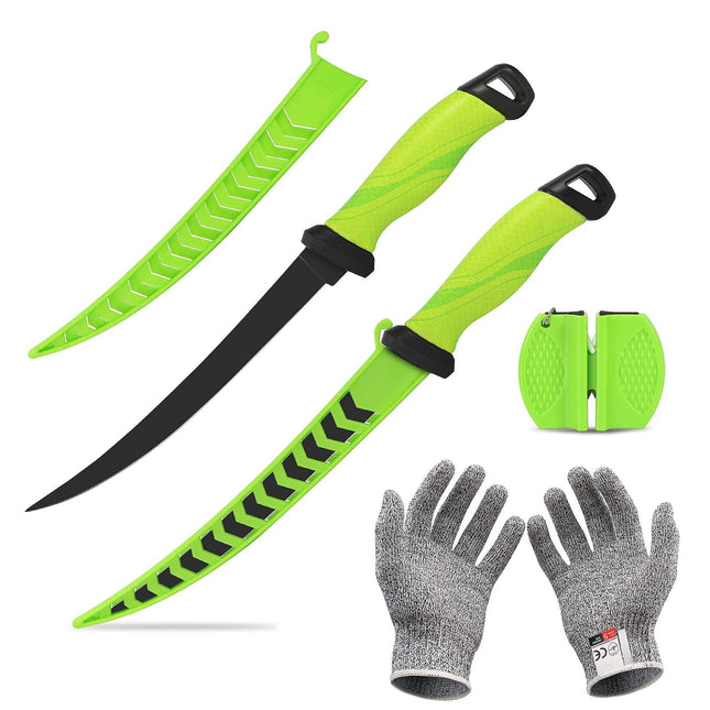 CROCH Meat and Fish Fillet Knife - Curved Steel Blades with Sheath, Sharpener, Non-Slip Handles Ideal for Filleting and deboning(Green, 18)