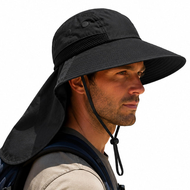 CROCH SEAYO Wide Brim Sun Hat for Men Women, UV Protection Outdoor Hat with Neck Cover, Breathable Bucket Hat for Fishing Hiking Camping Gardening Beach Travel (Black)