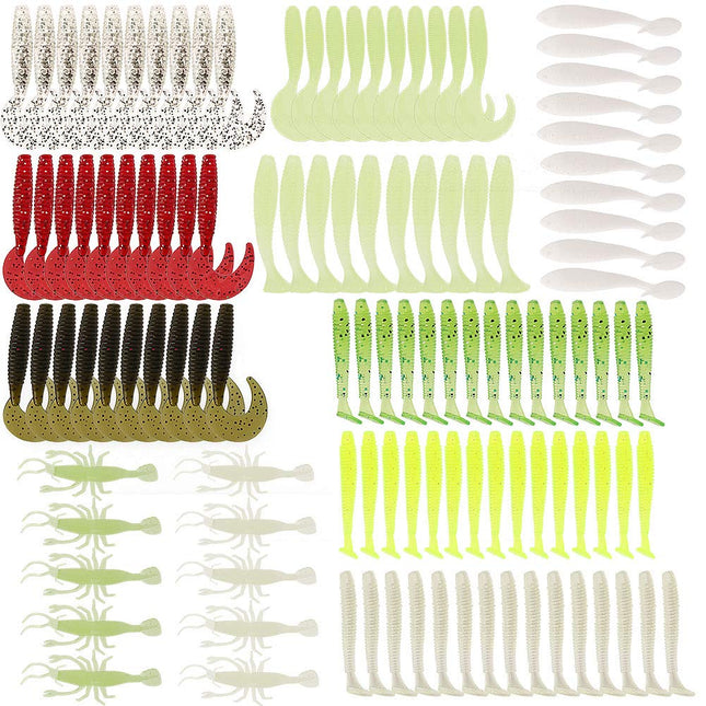 CROCH Fishing Grubs Paddle Tail Swimbaits Luminous Shrimp Soft Lures Kit for Bass Trout Walleye (115PCS)