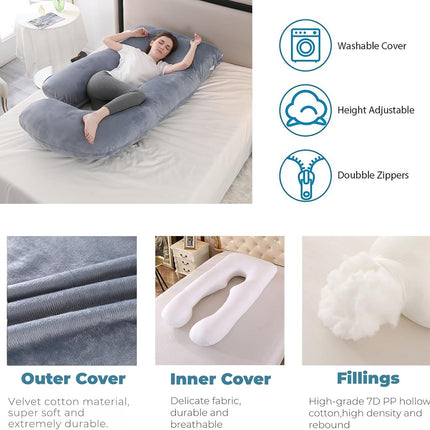 Pregnancy Pillow, Maternity Full Body Pillow for Back, Legs and Belly Support, J Shaped Full Body Pillow for Pregnant Women and Side Sleepers with Removable Cover (Velvet, Grey)
