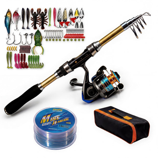 CROCH Telescopic Fishing Rod and Reel Combo, 1.8M Fiberglass Spinning Rod Kit with Fishing Line, Lures and Carry Bag, Portable Travel Fishing Set for Freshwater and Saltwater