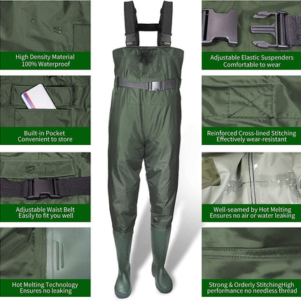 Bootfoot Chest Waders 2-Ply Nylon/PVC Lightweight Fishing & Hunting Waders with Waterproof Insulated Cleated Boots for Kids and Youth